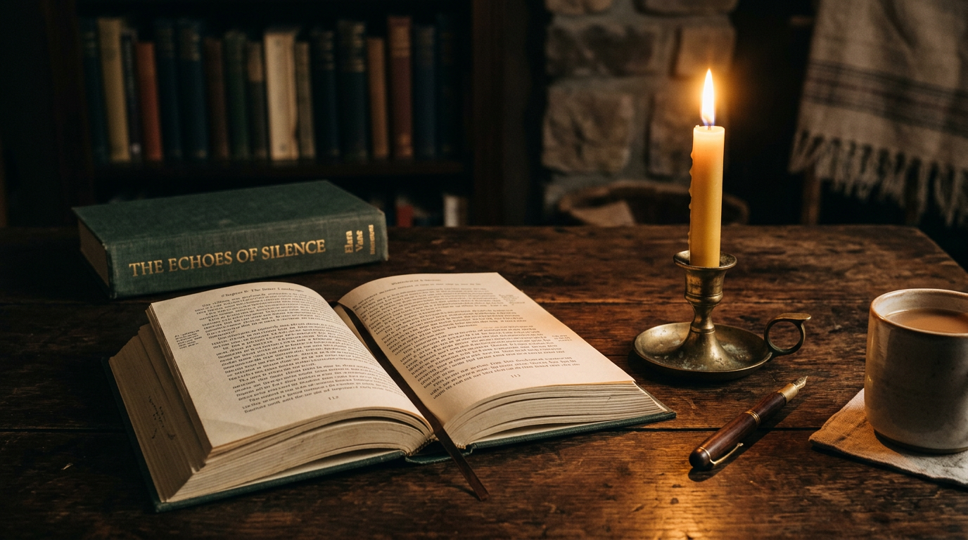 An open book beside a lit candle on a wooden table with no screens in sight