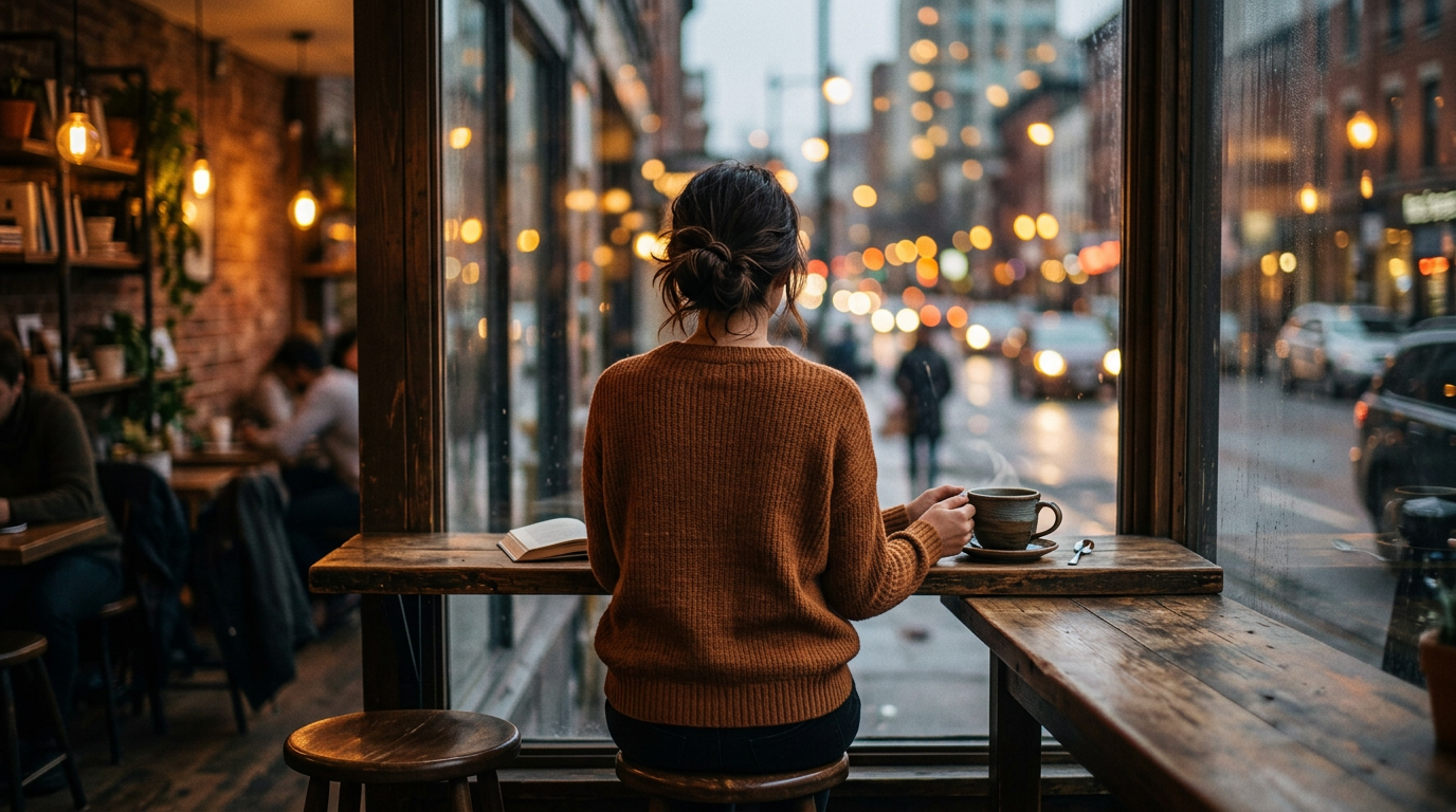 A single figure sitting quietly at a café window, tea in hand, unhurried