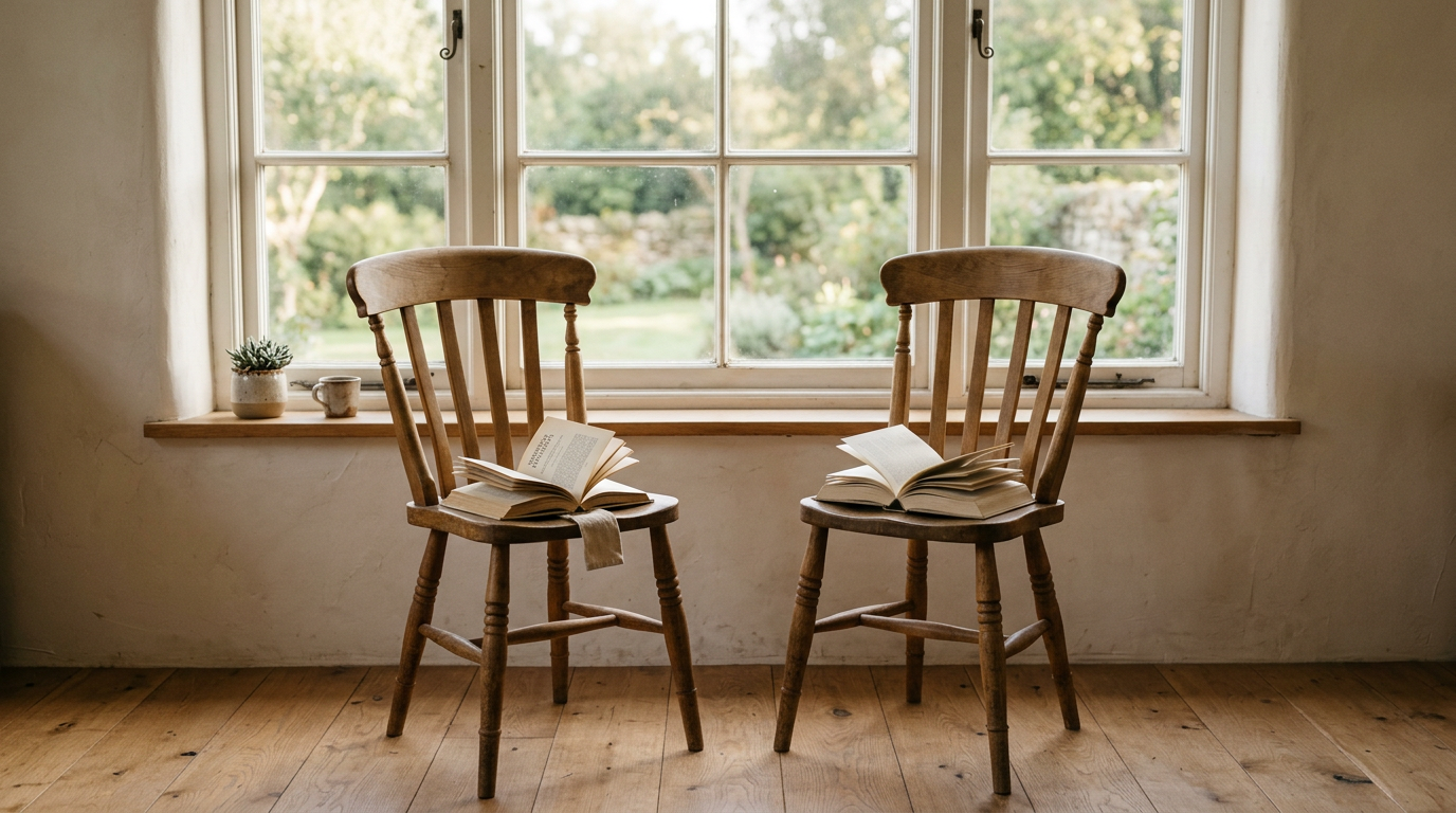Two chairs set side by side facing a large window, with separate books on each