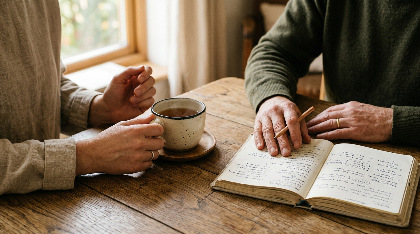 Two pairs of hands holding tea cups across a shared table with an open notebook between them