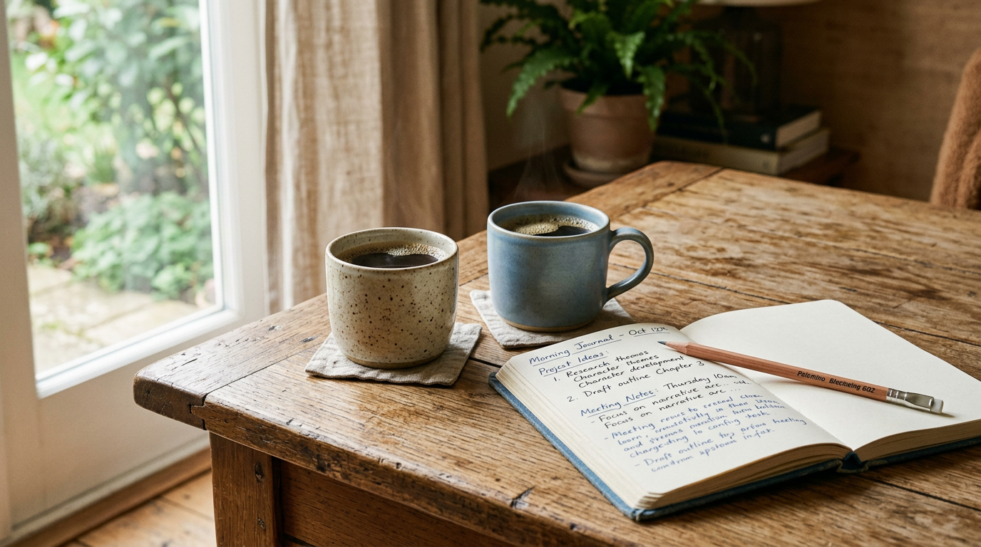 Two coffee cups on a shared journal, open to a handwritten page