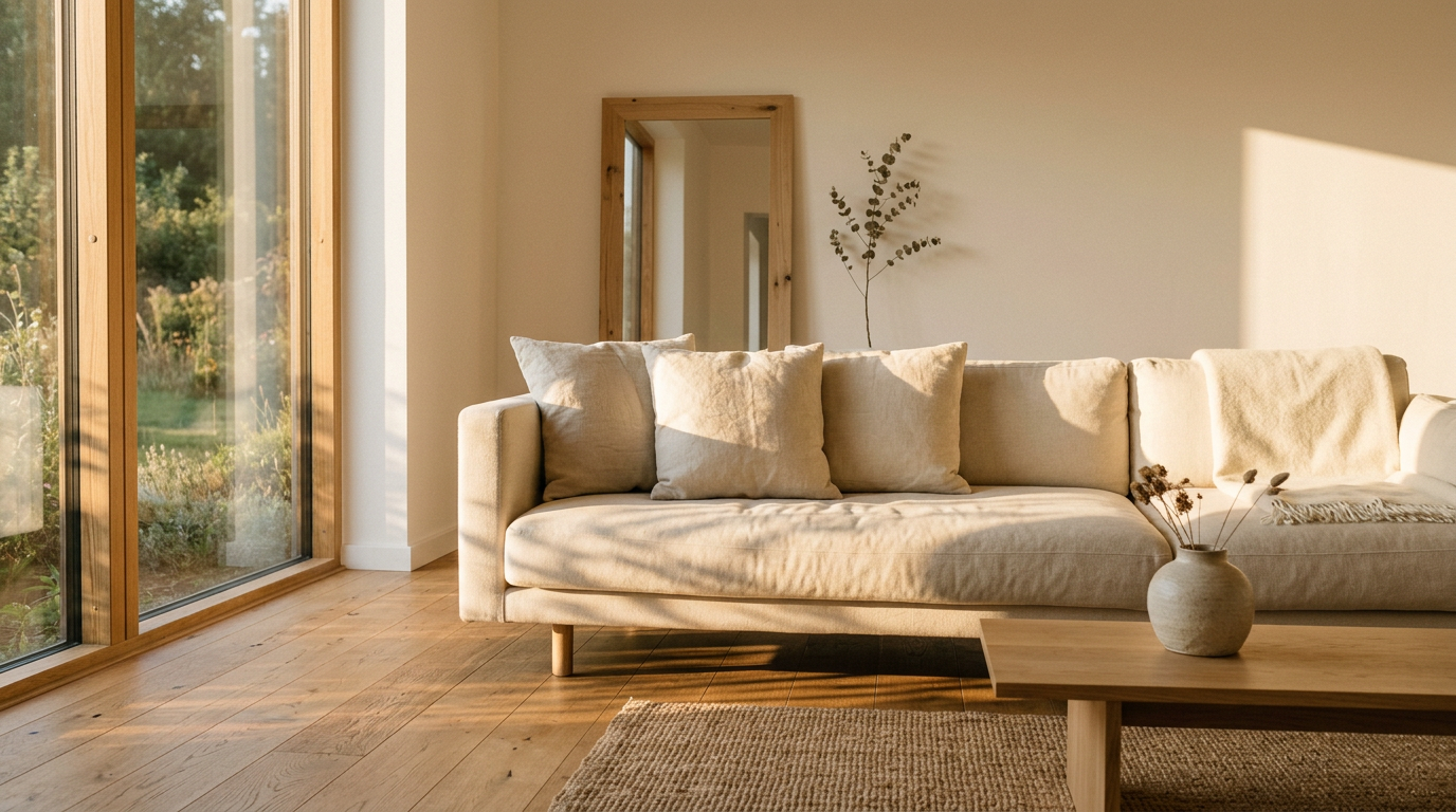 Minimal living room with warm afternoon light on natural linen cushions