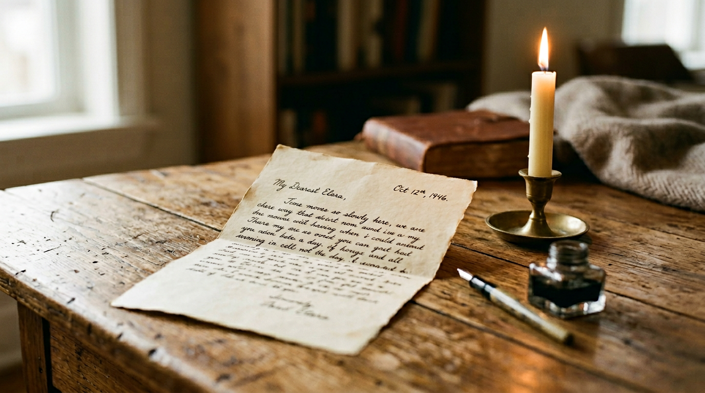 A handwritten letter on a wooden desk beside a single lit candle