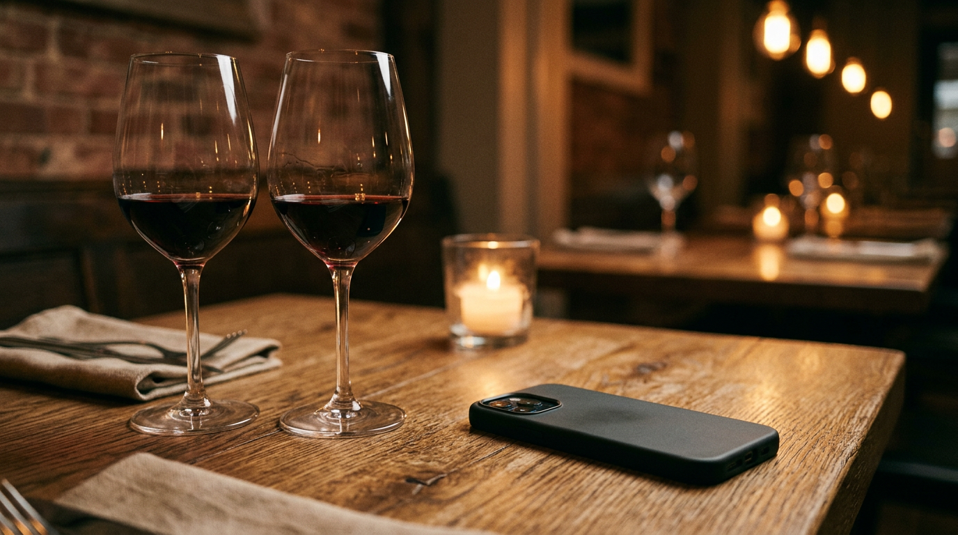 A phone face-down on a dining table next to two wine glasses