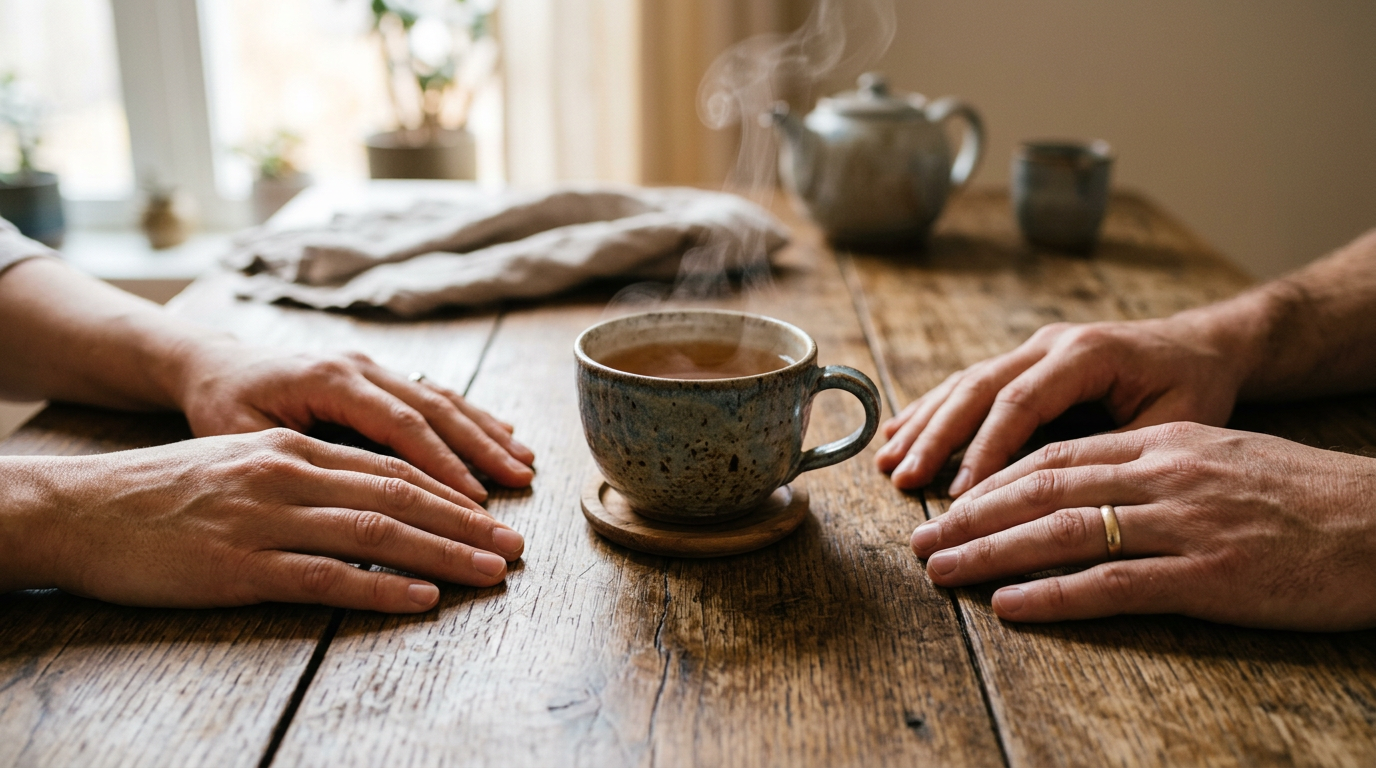 Two hands resting on a wooden table beside a cup of tea