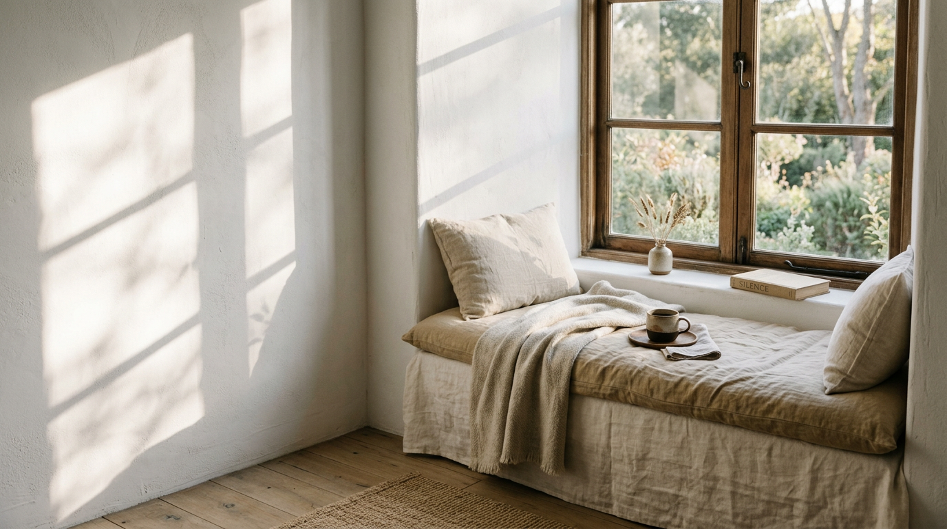 Soft morning light falling across a linen-draped window seat in a quiet room