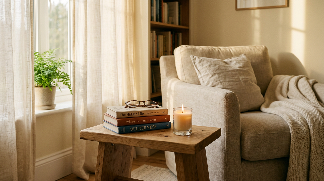 A quiet reading corner with a stack of books, a candle, and fading light through curtains