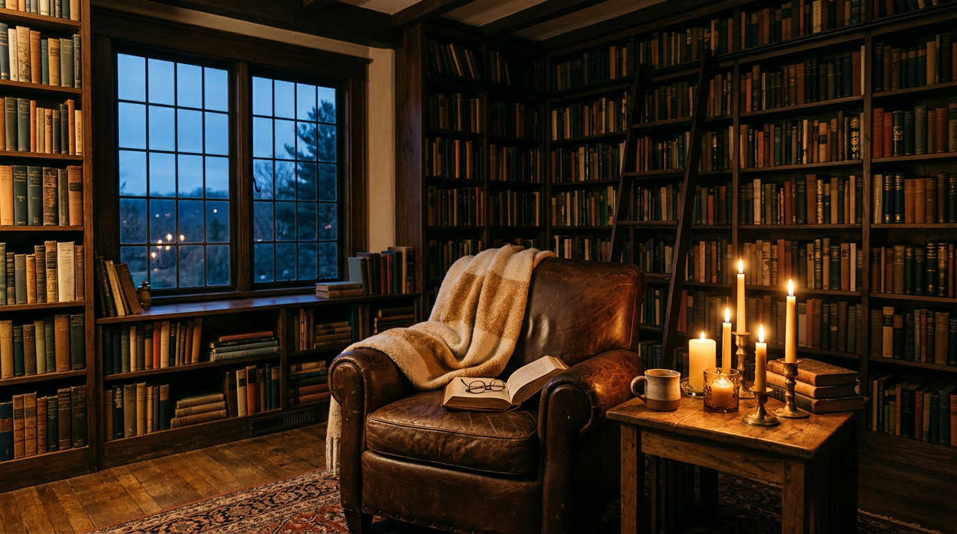 Warm candlelit room with bookshelves and a reading chair